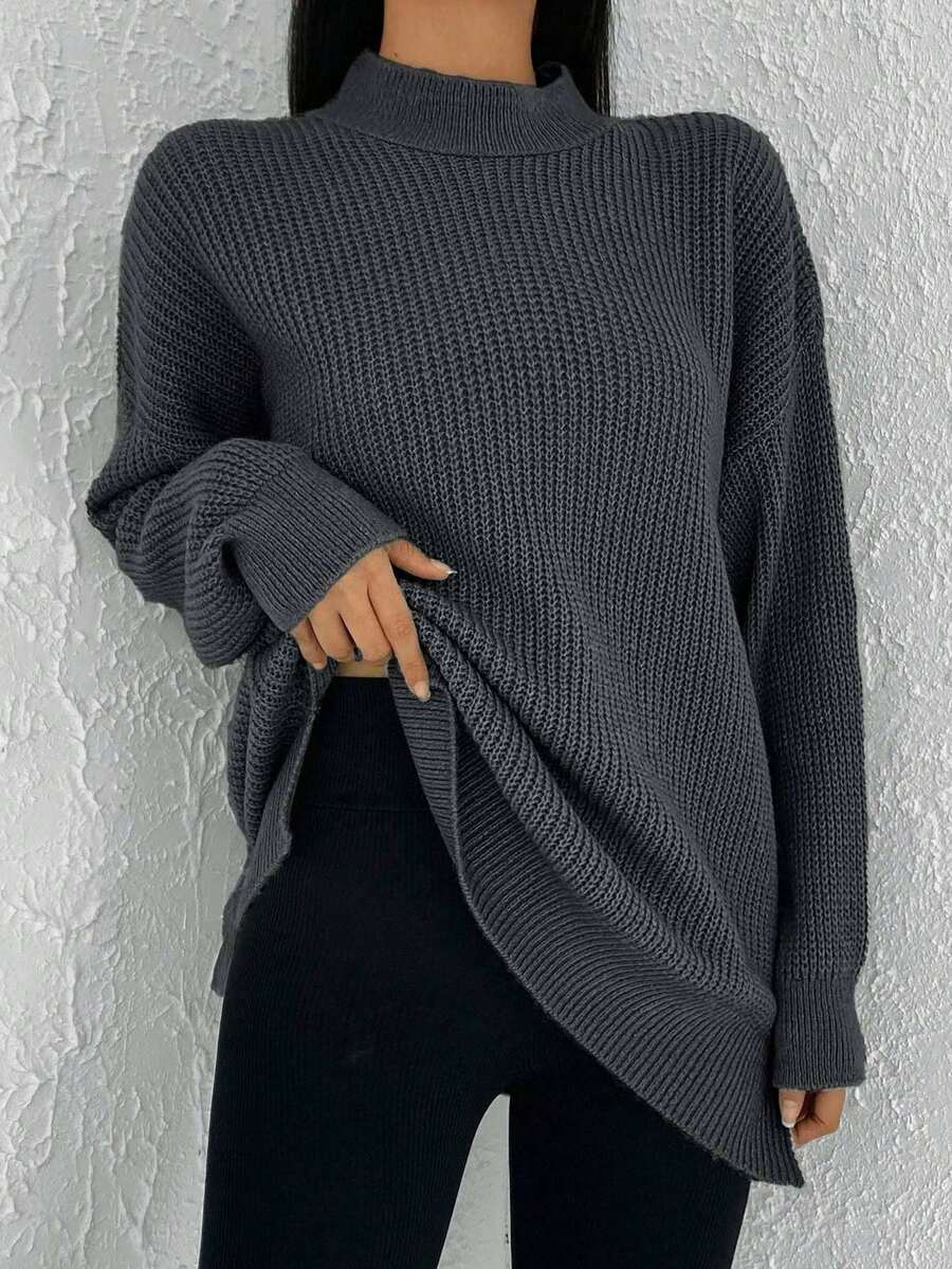 Cloudara Suéter De Hombros Caídos Con Cuello Alto De Color Liso - Gris - Ver 1