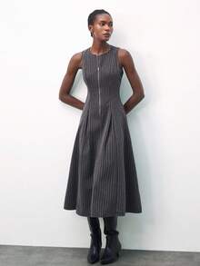 Maija Women's Zipper Half Placket Striped Round Neck Sleeveless Pleated Dress,Chic Dress ,Autumn Clothes - Dark Grey - View 7