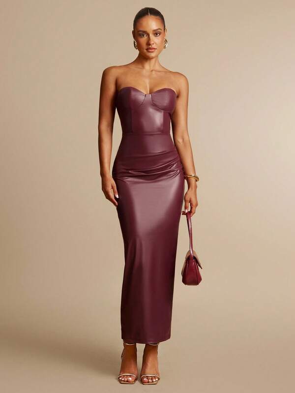 Silquee Women's Fashionable Sexy Solid Color Bandeau Fitted Dress Bustier Dress Strapless Midi Dress Long Strapless Dress Faux Leather Dress Fall Dresses For Women Christmas Dress Business Casual Woman Office Outfits For Women Women's Autumn Clothing, Women's Autumn Clothing, Women's Winter Clothing, Women's Office Clothing, Women's Work Clothing, Work Clothing, Women's Office Clothing, Women's Office Clothing. Suitable For Daily Dating, Night Out, Nightclubs, Parties, Gatherings, Back To School Season,Prom Dress,Fall Wedding Guest Dress