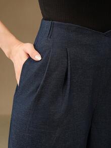 Anewsta Pantalones elegantes de vestir de pierna ancha con pliegues y botones de metal de unicolor para mujer