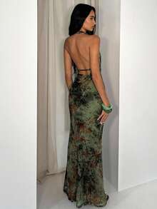 Glamine Robe longue élégante dos nu à col en V profond, style rétro en velours tie-dye pour femmes - Multicolore - Voir 2