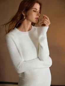 MOTF PREMIUM LONG SLEEVE SWEATER & BIAS CUT SKIRT SET - White - View 4