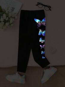 SHEIN 年轻女孩荧光休闲街头时尚修身打底裤，时尚荧光蝴蝶图案紧身裤，适合日常休闲、户外运动、秋冬 - 黑色 - 查看 1