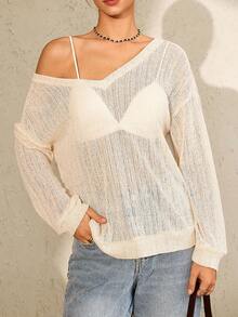 Lymera New Women's White Casual Elegant Sheer Loose V-Neck Sweater Tops With Asymmetric Off Shoulder Autumn Fall Winter For Women New Year Christmas Going Out Party Commuting Occasion