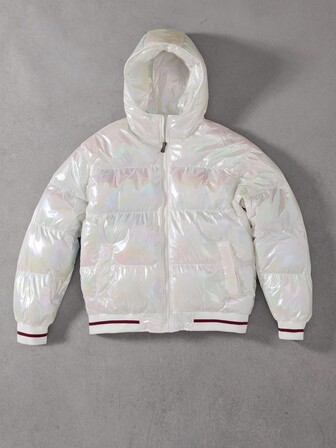 Manfinity Roghcode Men's Fashionable Laser Hooded Coat, Winter, Fall Puffy Jacket Men Sumwon Jacket Silver Jacket Streetwear Jacket Bubble Coat Men
