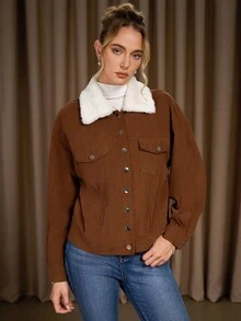 Women's Simple Solid Color Button-Up Long Sleeve Loose Corduroy Jacket,Fur Collar Brown And White Coat For Winter,Casual Occasion Jacket Women - Brown - View 5