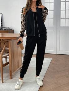 EMERY ROSE Conjunto de top de manga larga y pantalones de 2 piezas con parches de estampado sólido y de leopardo para mujer - Multicolor - Ver 8