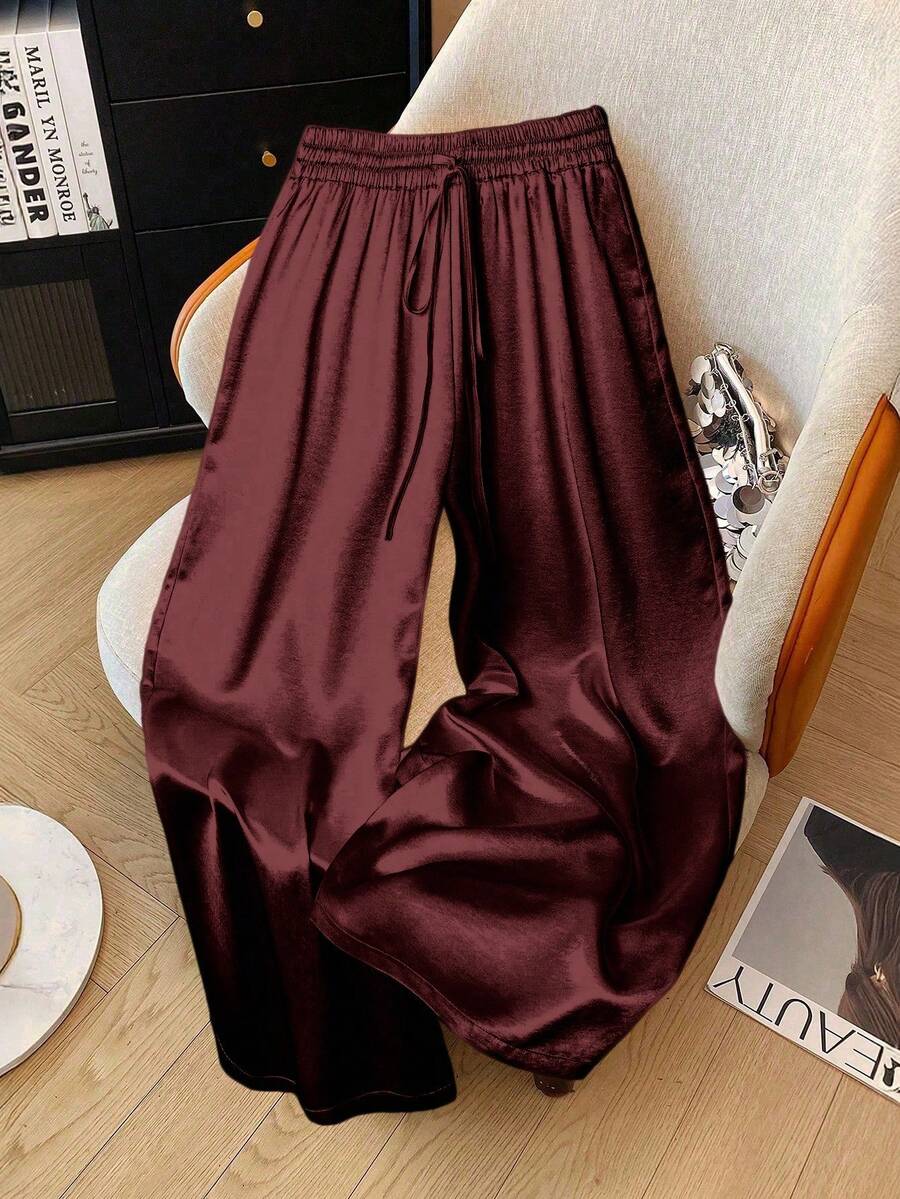 Franclia Plus Size Satin Drawstring Tie Waist Straight Leg Pants Fall Cloth For Women Elastic Waist Pants Silk Pants Harem Pants Women Women Wide Leg Pants Palazzo Pants Women - Burgundy - View 1