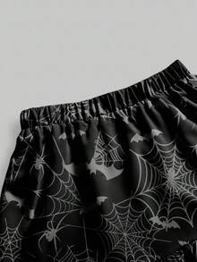 ROMWE Goth 哥特式蜘蛛网暗森风格黑色万圣节恐怖神秘蜘蛛满印女式 A 字裙 - 黑色 - 查看 3