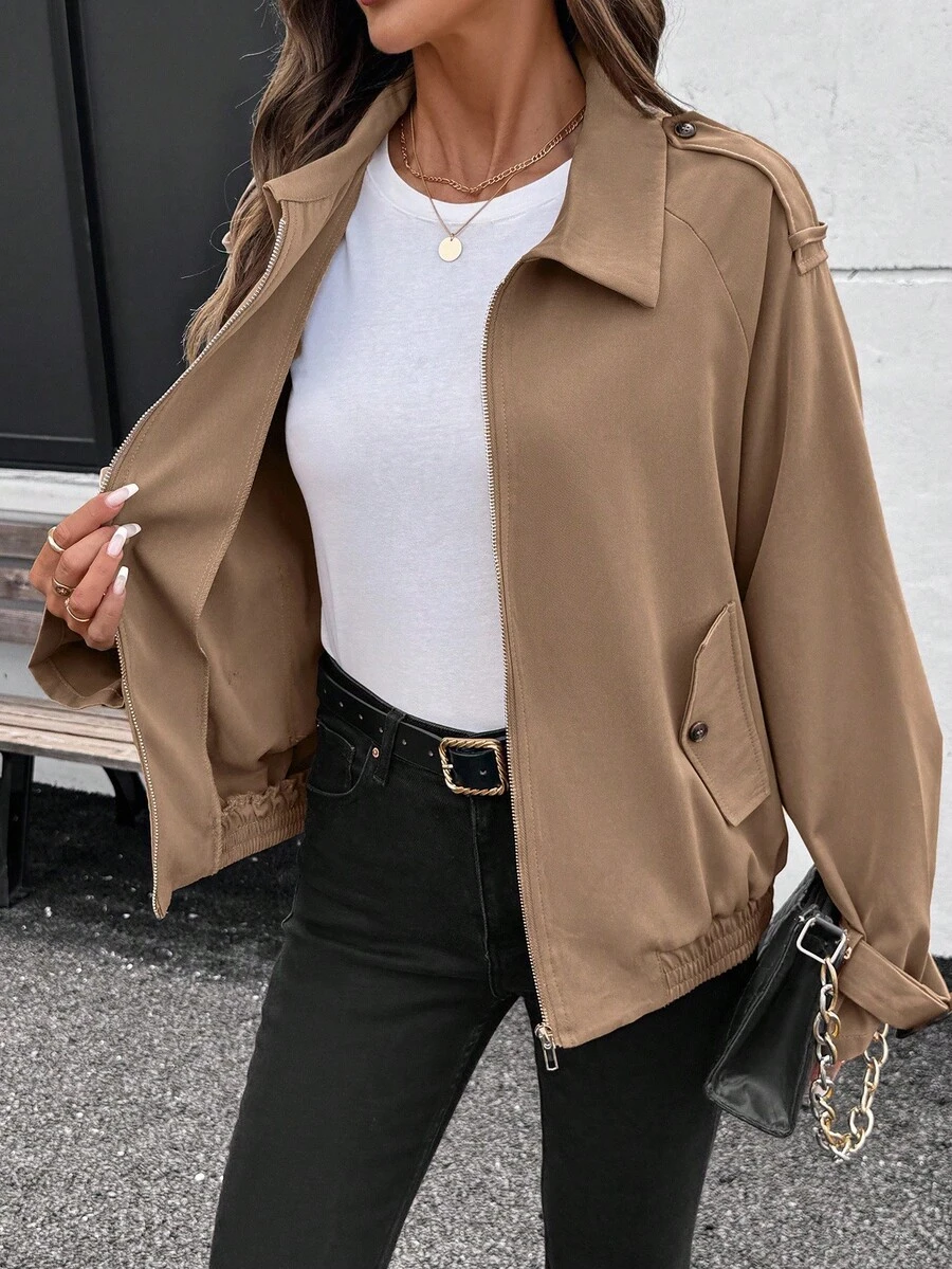 EMERY ROSE Women's Casual Fashion Street Style Raglan Sleeve Zip-Up Jacket, Spring/Autumn Fall - Brown - View 1