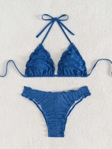 Swim Basics 2pcs Women Blue Ruffle Trim Halter Top And High Cut Bottoms Beachwear Summer Bikini Set - Blue - View 3