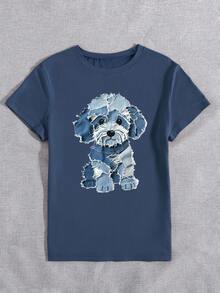 EMERY ROSE Vintage Patchwork Dog Graphic Print T-Shirt, Women's Casual Round Neck Short Sleeve Minimalist Top, Suitable For Everyday Wear