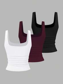 Sweetra 女式休闲褶皱圆领背心，夏季 - 彩色 - 查看 2