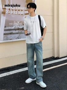 Mirajuku Teen Boy Letter Print Round Neck T-Shirt, Suitable For Casual And Commute - White - View 5