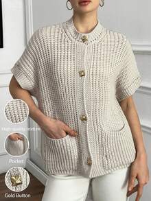 EURMUSE Damski kardigan z krótkim rękawem i kieszenią na guziki w jednolitym kolorze z przodu - Beżowy - Zobacz 5