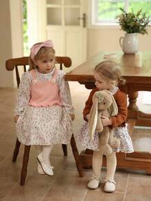 Vintaside Kids 2pcs/Set Toddler Girls Comfortable Casual Knit Floral Decor Vest And Long Sleeve Floral Print Dress Outfit, Suitable For Autumn/Winter Daily Wear Fall - Multicolor - View 1