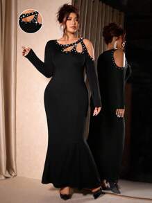 Cravure Women's Plus Size Slim-Fitting Long-Sleeved Fishtail Dress With Shoulder Features Hollow Studs And Bubble Beads Off The Shoulder Party Elegant Formal Women Dresses Evening Dress Maxi Bodycon Dress Fall Cloth For Women - Black - View 5