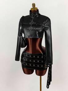 Amplova Áo khoác ngắn cổ đứng màu trơn thời trang thu đông cho nữ thắt lưng kim loại lỗ xỏ dây - màu đen - Xem 3