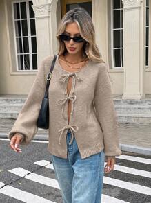 Serisse Áo khoác cardigan dài tay trễ vai màu trơn buộc dây phía trước thường ngày cho nữ, mùa thu/đông - Lạc đà - Xem 6