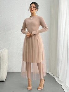 DAZY Vestido de mujer de cuello alto y longitud media con patchwork, vestido de punto de otoño - Caqui - Ver 5