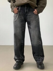 DAZY Quần jean nam màu đen trơn có thiết kế xích trang trí, phong cách đường phố, mùa thu - màu đen - Xem 6