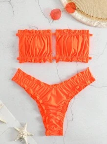 Oceva Summer Beach Frill Trim Bandeau Bikini Set, Orange Bathing Suit - Orange - View 6