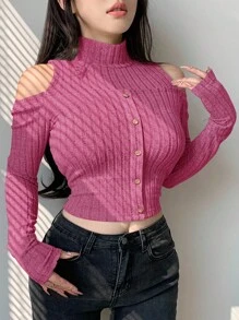 Dazy Designer Women's Slim Fit Brushed Off-Shoulder Long Sleeve Single-Breasted T-Shirt, Autumn/Winter - Hot Pink - View 3