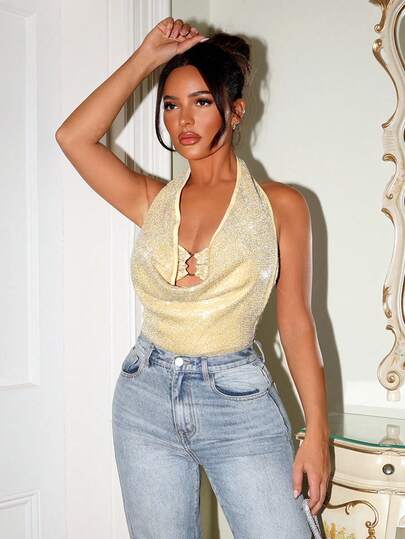 SHEIN SXY Sexy Backless Draped Neck Glitter Bodysuit, Summer Gold Top Women, Gold Bodysuit, Light Yellow Top, Butter Yellow Top, Gold Sequin Top,New Year,Sequin Top ,Sexy,Going Out, Club,Party,Halter Neck,