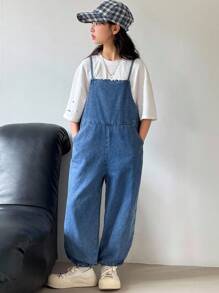 SHEIN Tween Girls' Casual Solid Color Loose Fit Baggy Denim Overalls Jumpsuit Jogger Pants Without Tee,Back To School Clothes,Teacher Clothes Outfits,Church Outfits Girl Dress,Business Casual Woman,Basic Dress,Korean Style Fall Winter - Medium Wash - View 4