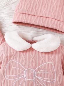 SHEIN Playful Pals 3 件套新生儿服装，包括连体衣、蝴蝶刺绣衬垫连体衣和帽子，休闲简约设计，长袖，连脚裤，适合秋冬季 - 淺粉色 - 查看 3