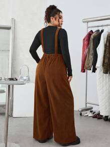 SHEIN EZwear Damen Große Größen Weite Bein Loose Lässig Latz-Jumpsuit aus Cord mit Taschen, Braune Cord-Latzhosen Damen Latzhosen Weite Beine Latzhosen - Braun - Übersicht 2