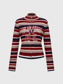 ROMWE Avant Cárdigan de punto ajustado, versátil, con cuello alto, cierre de cremallera, estilo deportivo retro, bordado de letra universitaria y rayas, ideal para volver al colegio