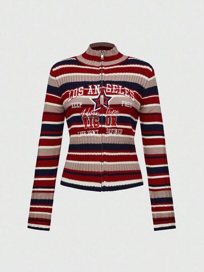 ROMWE Avant Women's Retro Sports Style Back To School Collegiate Letter Embroidery Striped Zip-Up Stand Collar Fitted All-Match Knit Cardigan, Versatile