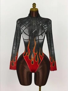 Amplova Halloween Costumes  Halloween Cosplay Spider-Woman Women's Spider & Flame Print Stand Collar Long Sleeve Bodysuit - Red - View 3