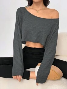 Flirla Petite 休閒寬鬆落肩斜肩長袖T恤，紋理提花面料秋季女裝，適合嬌小女性 - 深灰色 - 查看 3