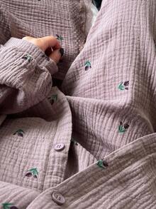 DAZY Ditsy Floral Chiffon Fabric Lace Trim Loose Women Pajama Set, Fall Winter Clothes - Purple - View 8