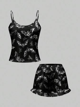 Goth Ensemble pyjama camisole et short à imprimé chauve-souris d'Halloween, vêtements de nuit décontractés