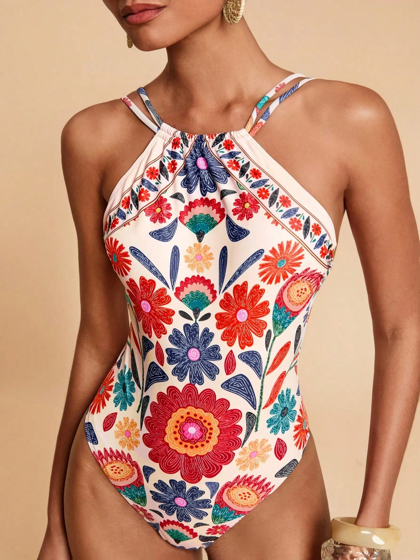 Travachic 1 Peça Maiô Estampado com Flores Feminino, Adequado para Férias e Praia - Multicolorido - Visão 1