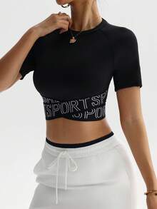 Easithlete 撞色网眼插肩袖运动T恤健身背心健身房女式衬衫 - 黑色 - 查看 5