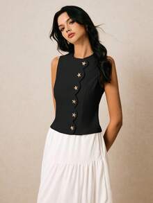 Poéselle Blusa sin mangas de cuello redondo con botones frontales de unicolor para mujer