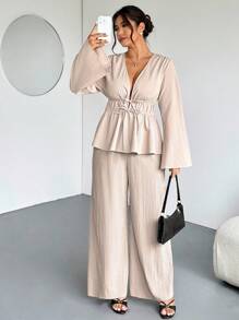 Firerie Plus Size Casual Elegant Vacation Drawstring Versatile Daily Commute Work Office Loose Tie-Front Top And Elastic Waist Pants Set, Spring/Autumn,Fall Clothes For Women