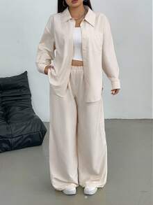 Flirla 大码女装春秋休闲日常条纹印花宽松落肩长袖衬衫和阔腿裤两件套 - 卡其色 - 查看 6