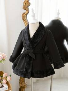 SHEIN Young Girl Elegant & Cute Black Faux Fur Collar Belted Jacket, Versatile,In Fall/Winter - Black - View 4