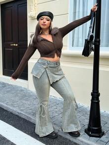 SHEIN ICON Women's Retro Denim Flared Leg Tie-Waist Slim Fit 2 In 1 Pants