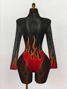 Amplova Halloween Costumes  Halloween Cosplay Spider-Woman Women's Spider & Flame Print Stand Collar Long Sleeve Bodysuit - Red - View 2