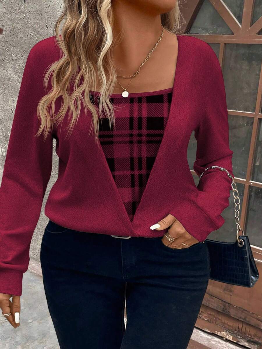 EMERY ROSE Plus Size Plaid Print Patchwork Black Knit Long Sleeve Sweatshirt, Soft Knit, Winter, Fall Autumn - Multicolor - View 1