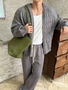 Manfinity VCAY 男士休闲连帽开衫针织毛衣，秋冬，麻花针织 - 淺灰色 - 查看 5