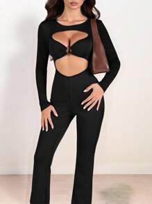 INAWLY Women's Minimalist Solid Color Hollow Circle Detail Jumpsuit, Autumn Fall Cloth For Women - Black - View 3