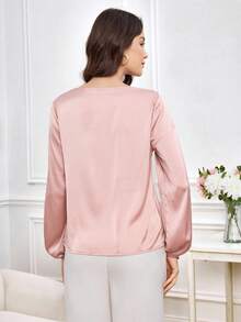 Miaspire Fall Elegant Women's Shirt, Pink Satin Fabric And Three-Dimensional Lace Splicing Design Elegant Top, Wedding Guest Versatile Top, Elegant Street Party Women's Top,Chic Tops - Pink - View 2