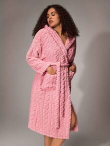 SHEIN 加厚抓绒面料保暖冬季提花抓绒蓬松睡衣加大码女式毛绒提花连帽浴袍，秋冬粉色浴袍加大码浴袍，秋季舒适套装 - 粉色 - 查看 3